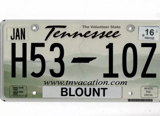 TENNESSEE passenger 2016 license plate "H53 10Z" ***BLOUNT***