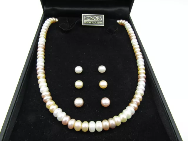 Honora -  Pink, White & Peach 18" Pearl Necklace w/ 3 Pairs of matching Earrings