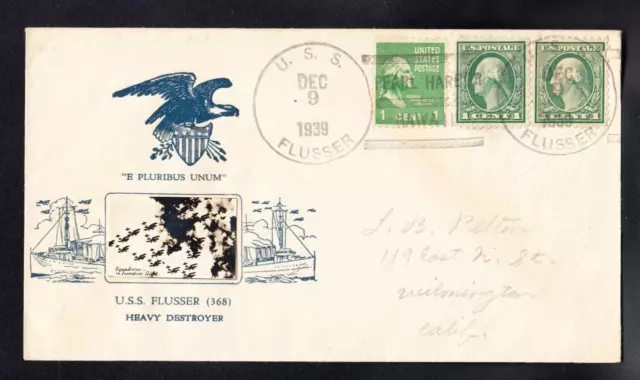 WWII Destroyer USS FLUSSER DD-368 1939 CROSBY Naval Cover B4276