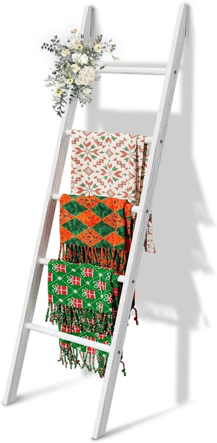 5-Tier Rustic Farmhouse Blanket Ladder Shelf, 5.3FT Wooden Quilt Towel Holder Ra