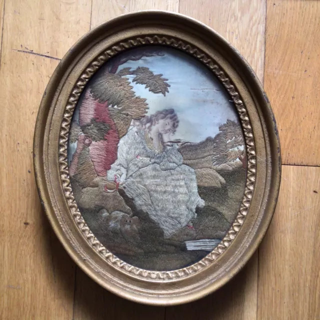 Large Antique Late 18th Early 19th Century Georgian Silkwork Figural Embroidery