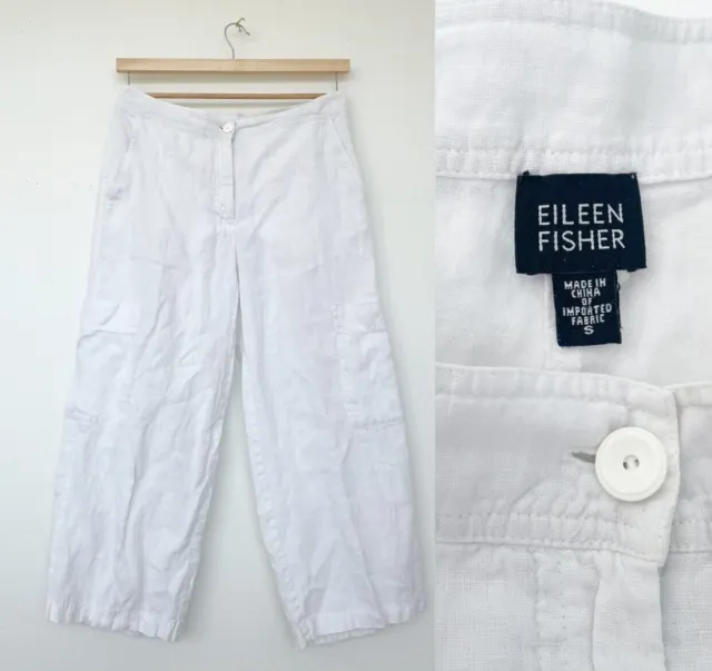 Eileen Fisher Linen Cropped Relaxed Wide leg Cargo White Pants Size  S Pockets