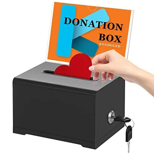 CLEAR DONATION BOX WITH LOCK Ballot Suggestion Tips Cash Charity Black