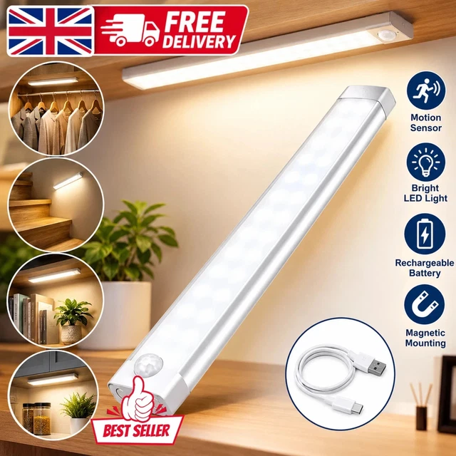 RECHARGEABLE USB LED Motion Sensor Light Under Cabinet Closet Magnetic ...