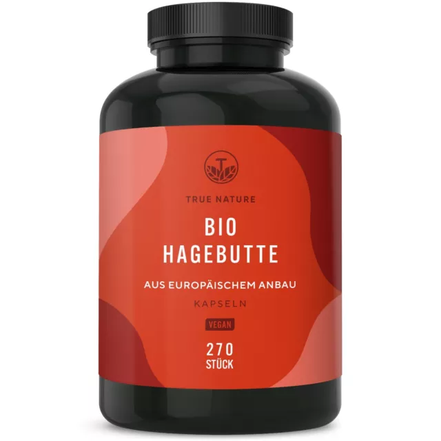 Bio Hagebutten Kapseln hochdosiert - 270 Kapseln (650mg) - TRUE NATURE®