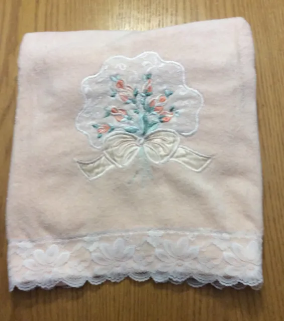 VTG 80s Peach Bath Towel Embroidery Satin Lace JC Penney Color Forum USA