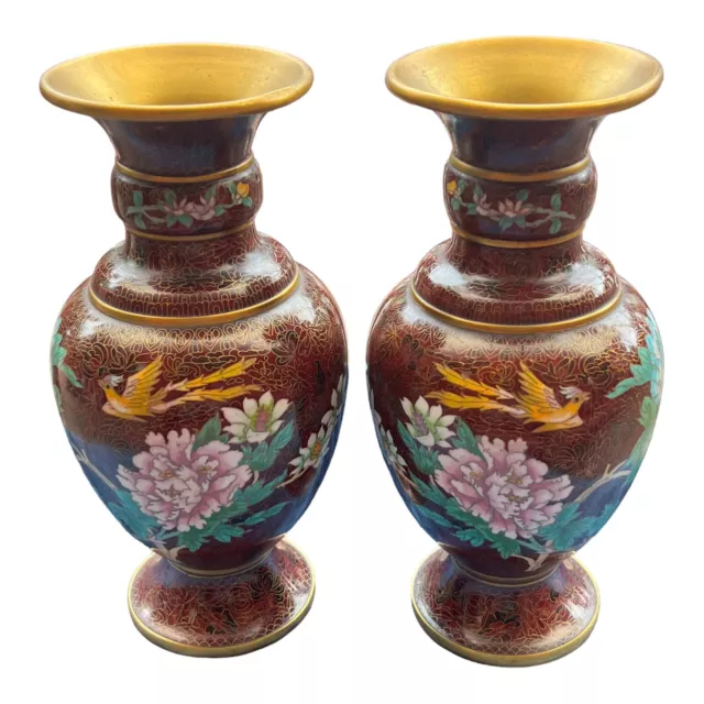 Pair Of Chinese Fine Cloisonné Vase Flowers And Bird Motifs  12 Inches tall