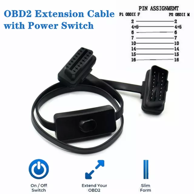 16 PIN Male to Female OBD2 Cord Extension Diagnostic Cable with Power Switch