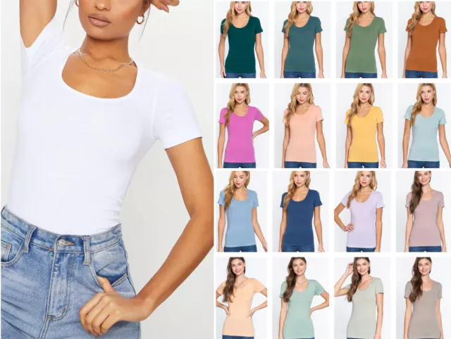 Women's Basic T-Shirt Scoop Neck Cotton Short Sleeve Solid Knit Plain Top Fitted