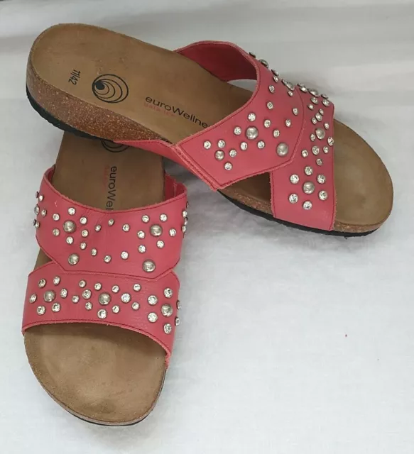 Euro Wellness Balance Women Sandals 42/11 Red Slip On Studded Rhinestone Comfort