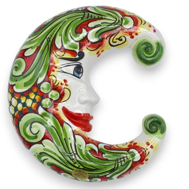 Luna in ceramica Caltagirone - h 25 x 20 cm ca. decoro barocco verde su fondo ro