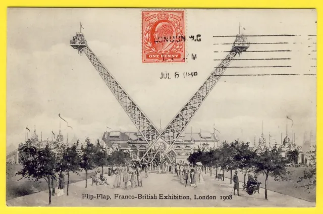 cpa ENGLAND LONDON 1908 Expo Franco British MANÈGE FLIP-FLAP Attraction Foire