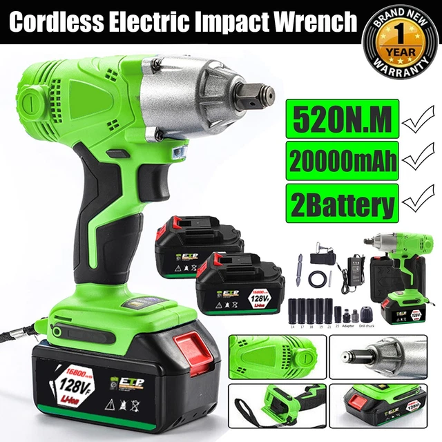 Cordless Impact Wrench Drill Gun 1/2" Driver Ratchet Socket 520N.M W/ 2 Battery