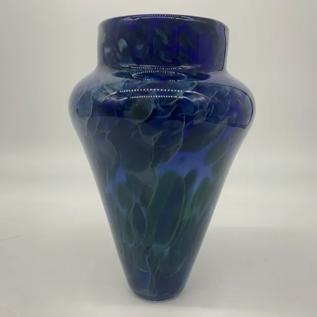 VTG 1980s Hand Blown Studio Art Glass 7" Thick Cone Vase - Cobalt Blue & Green