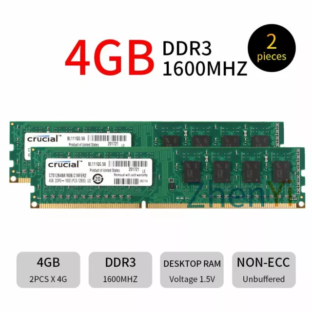 Memoria de escritorio Intel DIMM 8 GB 2 GB PC3-12800U DDR3 240 pines para lote crucial