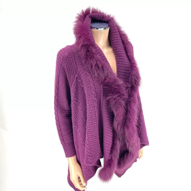 NEIMAN MARCUS Cashmere Collection Sweater SIZE MEDIUM Purple Fox Fur Trim Coat