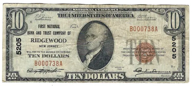 1929 $10 First National Bank and Trust of Ridgewood, NJ - 5205 - New Jersey T.1