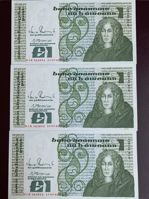 1989 CENTRAL BANK OF IRELAND 1 IRISH POUND (PUNT) BANKNOTE - Run Of 3 All UNC