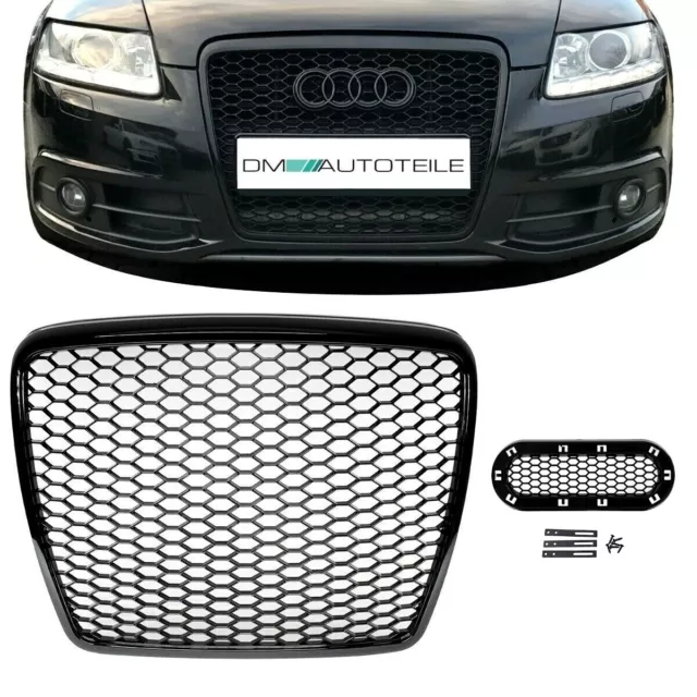 Kühlergrill Wabengrill Schwarz glanz + Halter passt für Audi A6 C6 4F 2008-2011