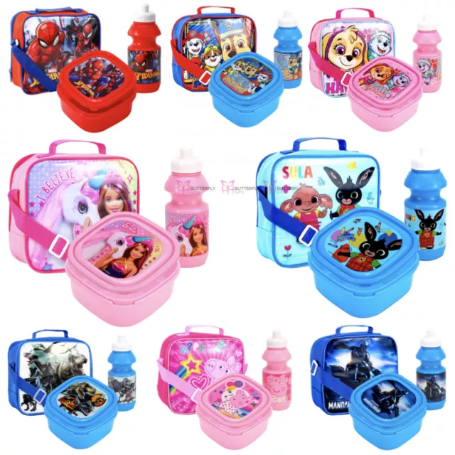 Childrens Kids Insulated 3pcs Lunch Bag Set Box Kids Boys Girls School Food