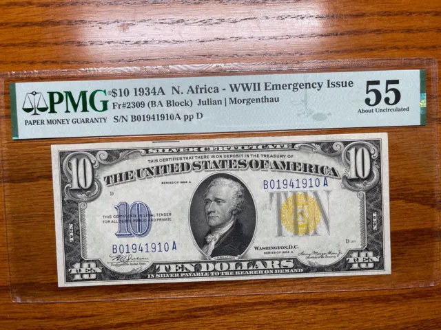 1934A WWII Emergency Issue North Africa $10 Silver Certificate PMG  AU55