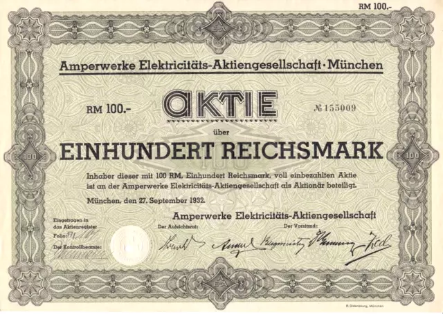 Amperwerke Elektricitäts-Aktiengesellschaft München, Aktie über 100 RM von 1932
