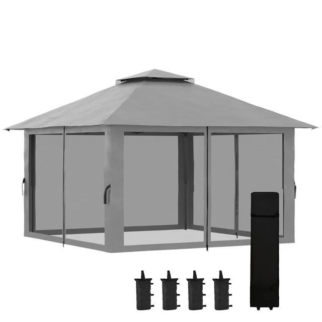 Outsunny Faltpavillon 4 x 4 m, Gartenpavillon mit 4 Netzwänden, UV-Schutz Grau 3