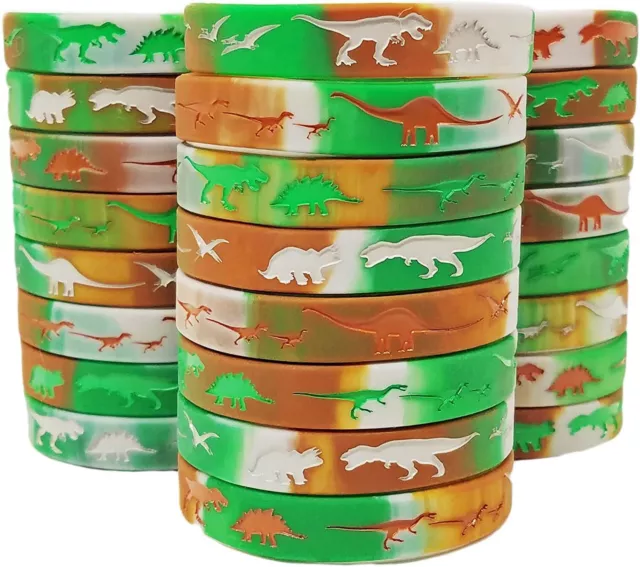 24 Camo Dinosaur World Jurassic Style Silicone Wristbands, Dino Party Favors