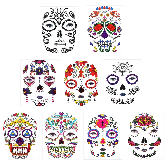 9 Pcs Halloween Face Tattoos Skull Stickers Suger Spider Web
