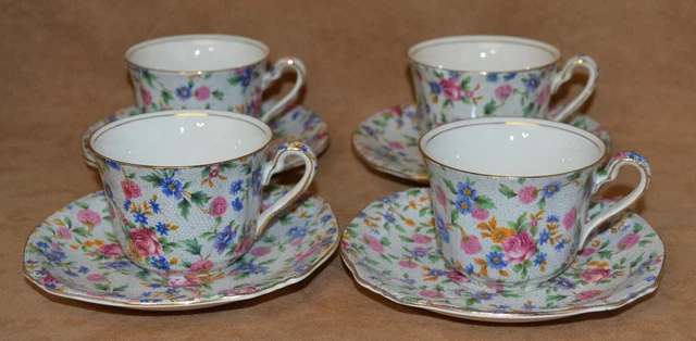 4 Royal Winton 'Ascot" Old Cottage Chintz Flat Bottom Cups and Saucers -  Nice