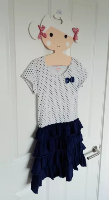 BLUEZOO WHITE/NAVY SEQUIN BOW RARA SKIRT SPOTTY T-SHIRT DRESS - Age 9-10 Years