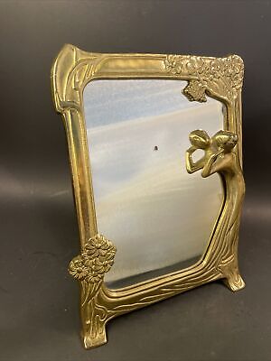 Vtg Art Deco Nouveau Brass Vanity Table Mirror Very Ornate Nude Lady 3D Embossed