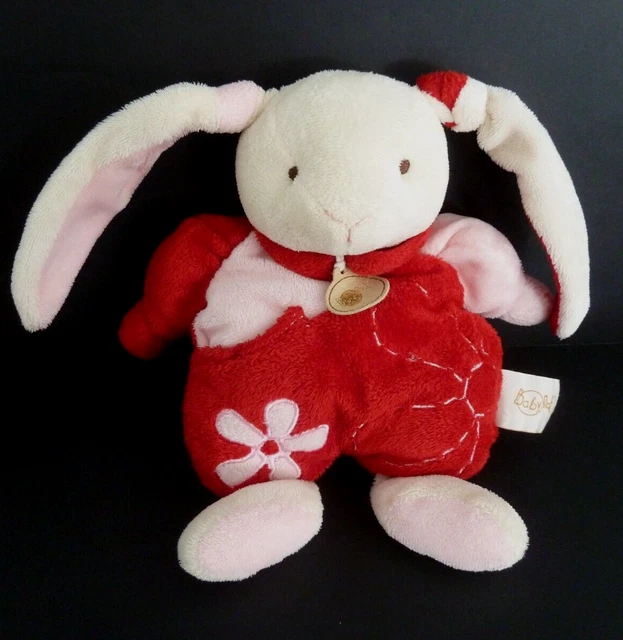 Z11. DOUDOU PELUCHE BABY NAT LAPIN rose rouge blanc SANS mouchoir 24cm - TBE
