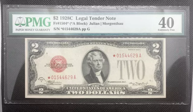 $2 Series 1928C United States Note / Star Note / Fr#1504* Pmg 40 Xf