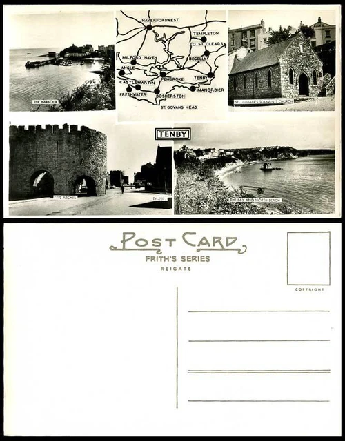 TENBY KARTE Hafen fünf Bögen St. Julian's Seaman's Church Bay Beach alte Postkarte