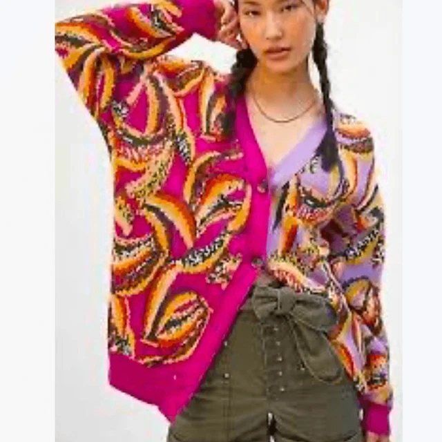 Anthropologie Farm Rio Banana Colorblock Cardigan Sweater Oversized