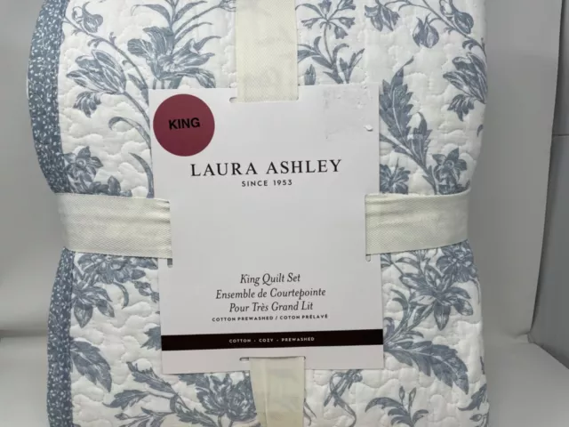 New Laura Ashley Amberley Floral King Quilt and 2 King Shams ~Spa Blue~