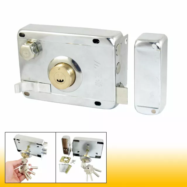 Silver Tone Metal Right Hand Door Deadbolt Rim Lock + 5 Keys