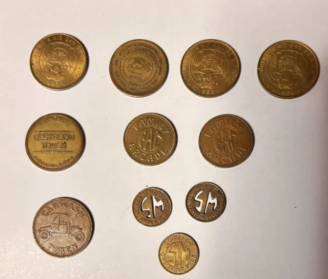 Lot Of 12 Vintage Tokens Transit Bus Arcade Chuck E Cheese Car wash Toilet