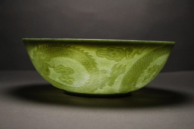 Chinese Exquisite Handmade Dragon carving Green Hetian Jade Thin Bowl