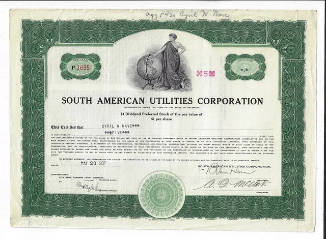 BRAZIL & ARGENTINA 1937 South American Utilities Corporation Stock Certificate