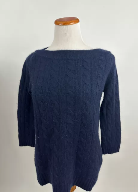 J. CREW navy blue 100% cashmere cableknit Boat Neck Sweater S