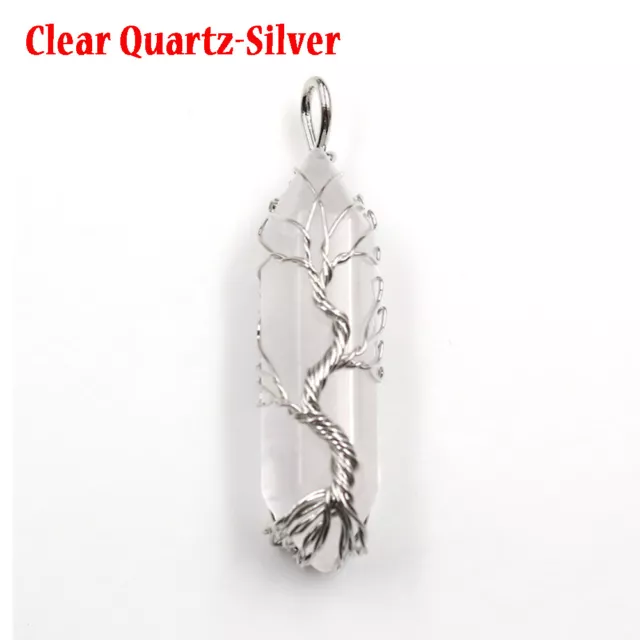 Natural Healing Crystal Quartz Point Tree of Life Wire Wrapped Stone Pendant