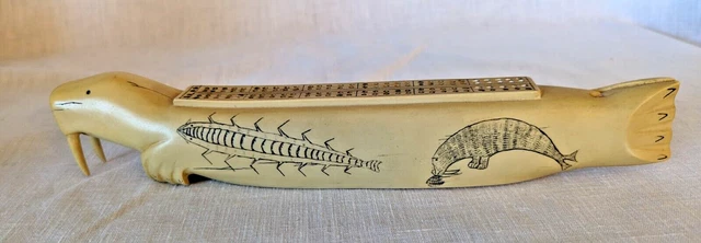 RARE vintage Scrimshaw Walrus cribbage board replica signed PMS Artek resin tusk