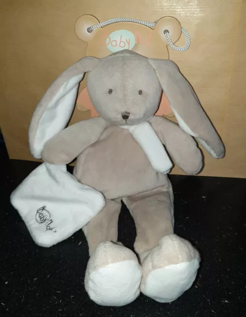 Doudou Peluche  Lapin Layette marron beige blanc BABY NAT'  mouchoir babynat