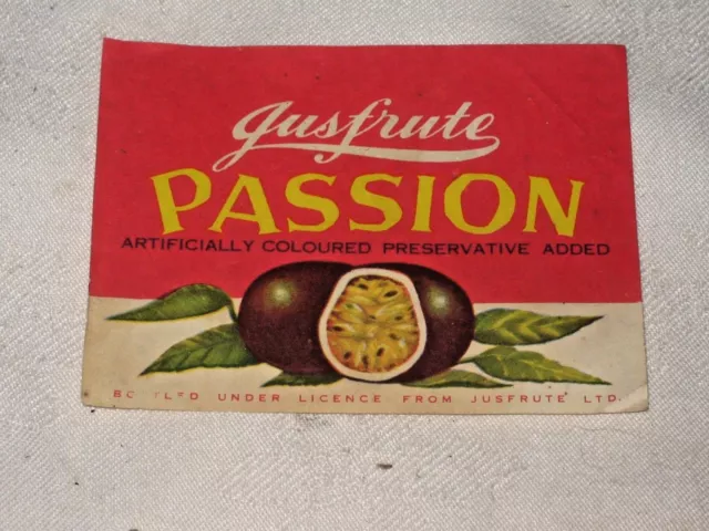 Old 1960's Jusfrute Passion Cordial Soft Drink Bottle Paper Label
