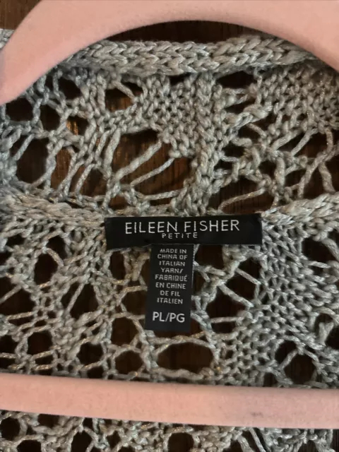 eileen fisher rustic luster long open crochet linen blend cardigan size pl gray 3