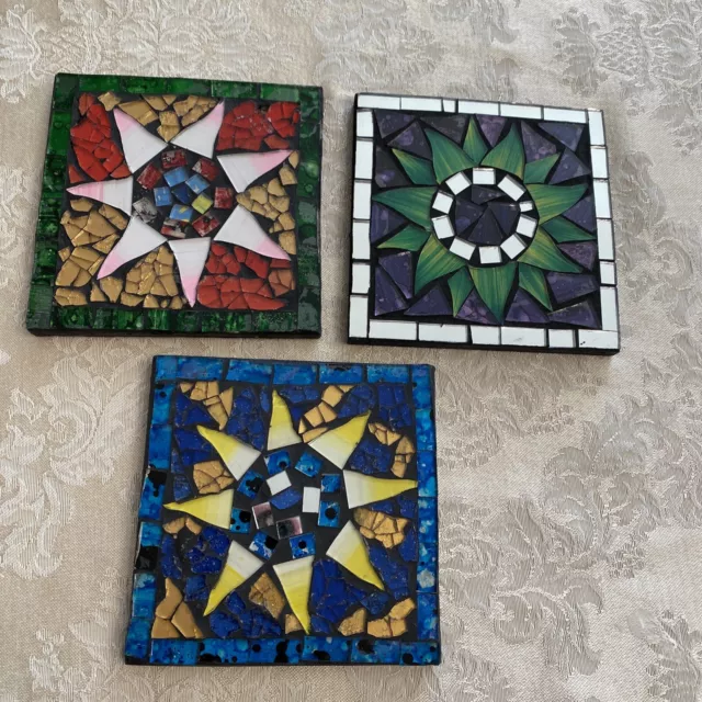 Glass Mosaic Sun and Flower Coasters Made in Indonesia 4x4 inches