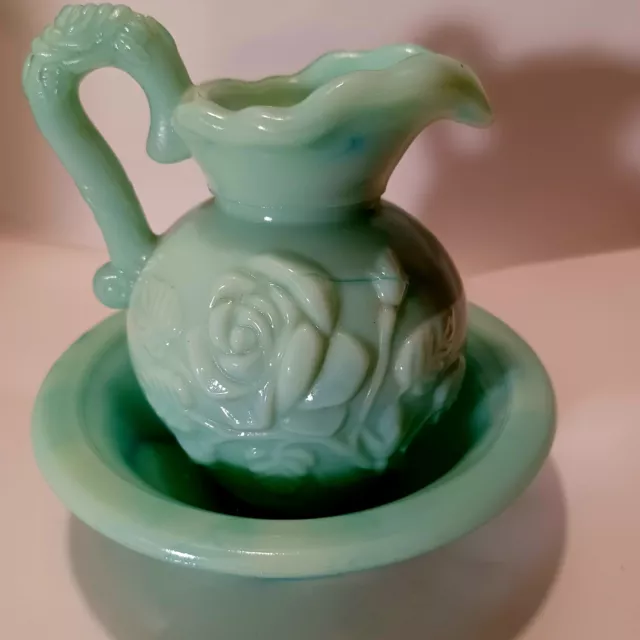 Vintage AVON Jadeite Milk Glass Pitcher & Saucer Bowl Set Victorian Green Teal