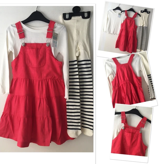 Abito Pinafore per ragazza mix lino noce moscata e nuovo top prk & collant M&S 2-3 anni